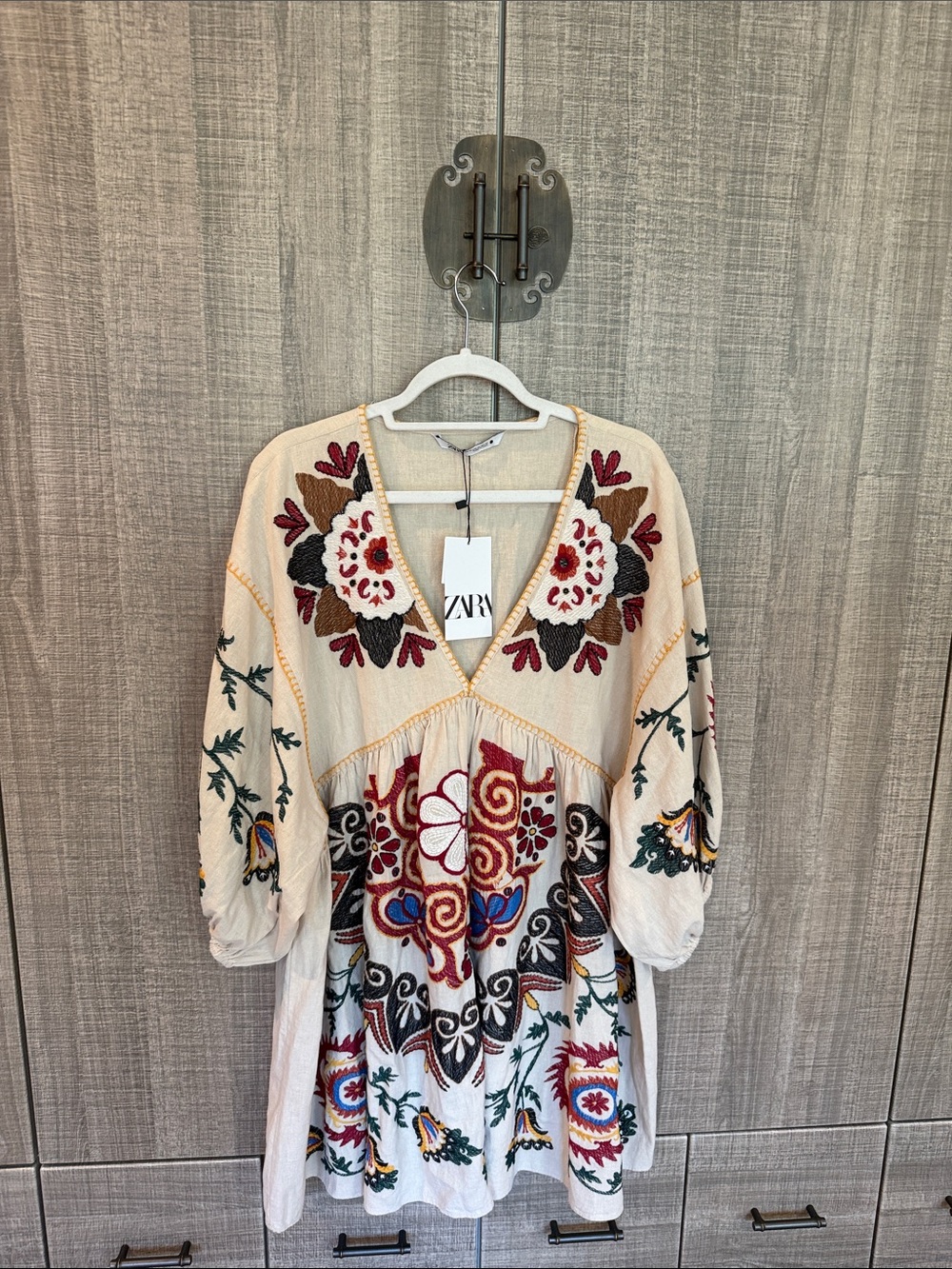 Zara Floral Linen Blend Embroidered Mini Dress